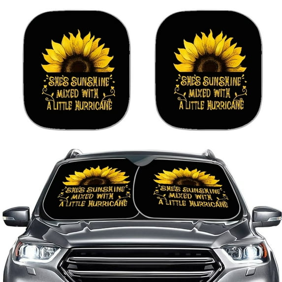 KUIFORTI Sunflower Windshield Sun Shade for Car, SUV, Trucks, 2 Piece Foldable Car Sun Shade, Sunflower Car Accessories for Women, She's Sunshine Mixed with a Little Hurricane