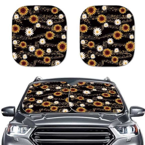 KUIFORTI Sunflower Windshield Sun Shade, Daisy Car Sun Shade for Front Window, Foldable Auto Sun Visor Heat Protection, Music Note Print Car Sunscreen Blocks UV Rays