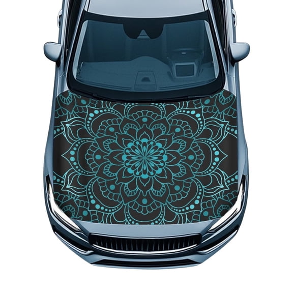 KUIFORTI Teal Mandala Pattern Car Hood Cover Protector, Stretchable All-Weather Hood Wrap for Cars, Fade-Resistant Vehicles Decorate Engine Fits Sedans, Trucks, SUVs, Pickups