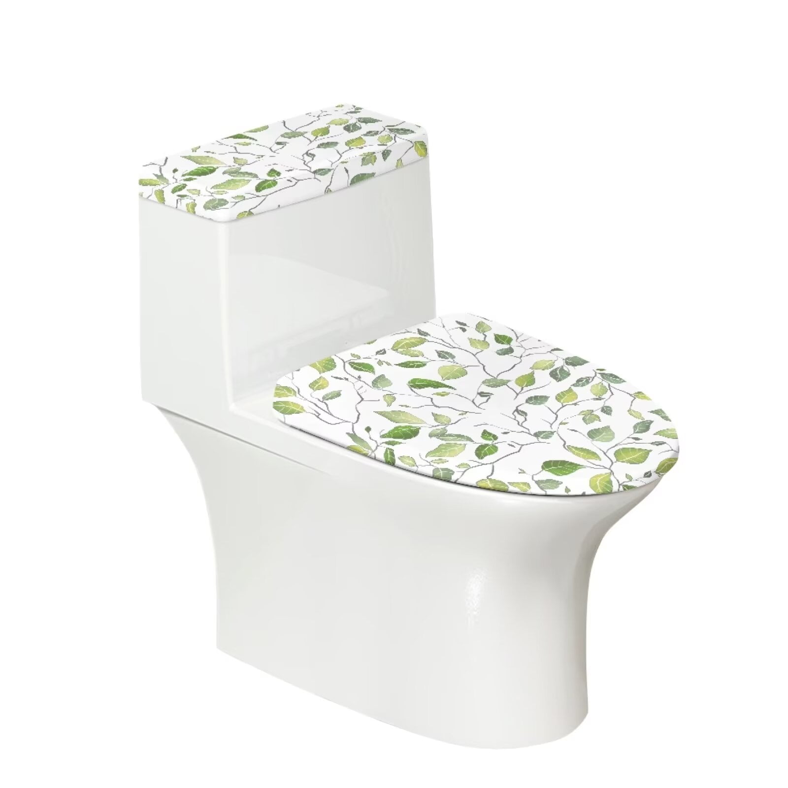 KUIFORTI Toilet Lid Covers and Tank Cover Set 2 Pcs Toilet Seat Cover Washable Toilet Lid Cover Set for Bathroom Decor,Machine Washable,Green Leaves