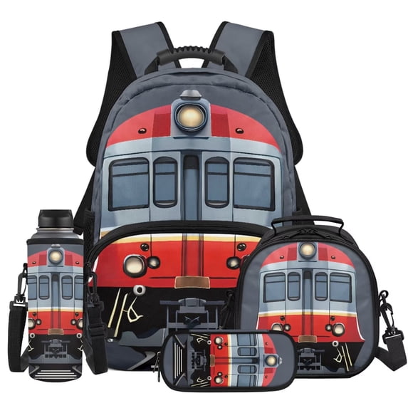 KUIFORTI Train Print Girls School Bag with Lunch Box Kid Backpack Set 4Pcs Bookbag Pencil Case Water Bottle Sleeve Suitable for Elementary Primary Middle School Back to School Supplies