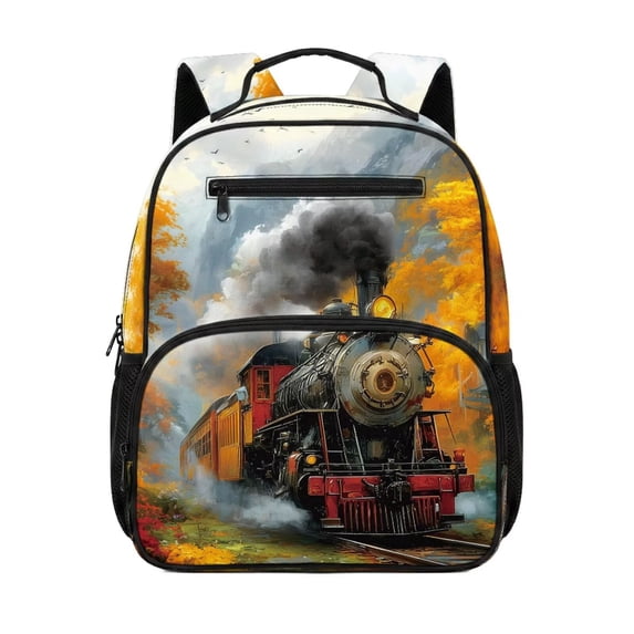 KUIFORTI Train Print Toddler Backpack Boys Kids School Bag with Multiple Storage Pockets Adjustable Straps 13.5 Inch for Preschool Kindergarten Daily Use