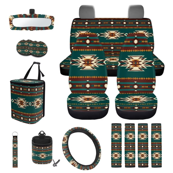 KUIFORTI Tribal Aztec Car Seat Cover Set Wear-Resistant Set 15 Pcs Full Set Car Accessories All-Season Protection Easy Installation Universal Fit for Vehicles,Cars,Suvs,Vans,Sedans