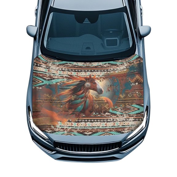 KUIFORTI Tribal Horse Pattern Car Hood Cover Stretchable Hood Wrap Protector All-Weather Fade-Resistant Covers with Elastic Band Fit for Cars Trucks SUVs