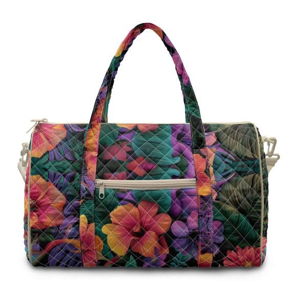 KUIFORTI Tropical Floral Women's Quilted Large Tote Duffle Bag, Versatile Weekender Gym Travel Carry On Bag for Work Yoga Beach Vacation Overnight Trips,Puffy Tote with Zipper