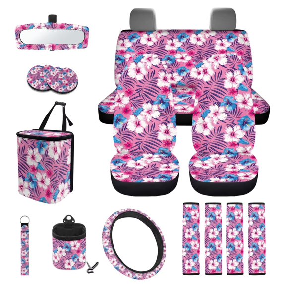 KUIFORTI Tropical Flowers Car Seat Cover Set Easy Installation Set 15 Pcs Car Accessories Full Set for Women Men Rear View Mirror Cover Non Slip Elastic Fabrics Fit Car SUV Auto
