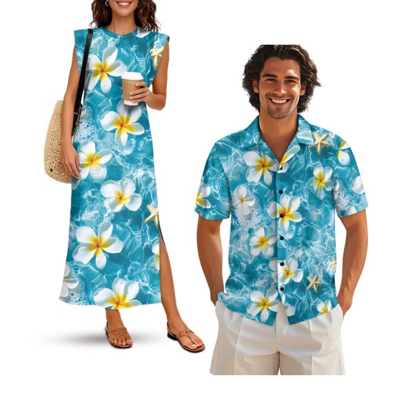 KUIFORTI Tropical Flowers Matching Couple Outfits Women's Casual Dresses & Men's Hawaiian Shirt Men Shirts 4-Way Stretch Breathable Suitable for Everyday Casual Wear