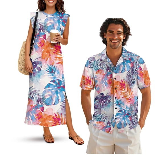 KUIFORTI Tropical Leaf Matching Outfits for Couples Vacation Mens Casual Shirts Hawaii Dress with Soft Fabric Shirts for Men 4-Way Stretch Quick-dry for Summer Vacation Trip