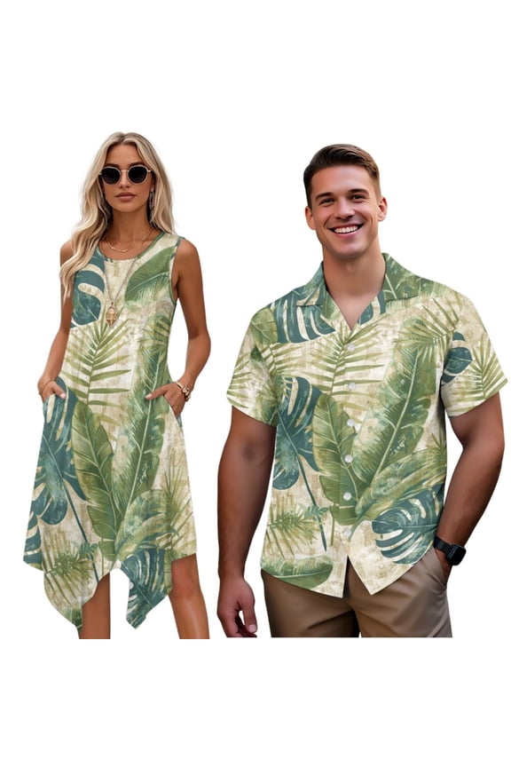 Tropical Palm Leaf Matching Hawaiian Outfits for Couples 4-Way Stretch His and Hers Summer Outfits with Soft Fabric Soft and Comfortable for Summer Vacation Trip
