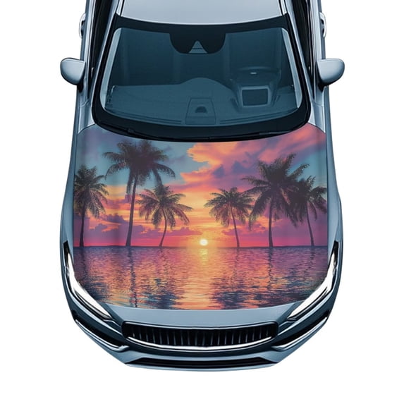 KUIFORTI Tropical Sunset Palm Tree Car Hood Cover,Easy to Install Car Hood Wrap Universal Decorations, Easy Install Washable Automotive Accessories Decoration Fit for Cars