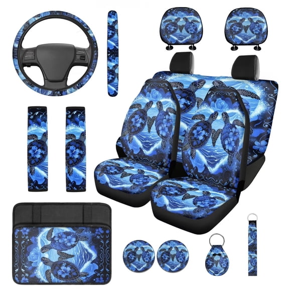 KUIFORTI Tropical Turtle 14 Pcs Seat Covers for Car Auto Center Console Armrest Pad Steering Wheel Cover Wristlet Keychain Car Interior Automotive Fits Most Cars, Sedans, SUVs