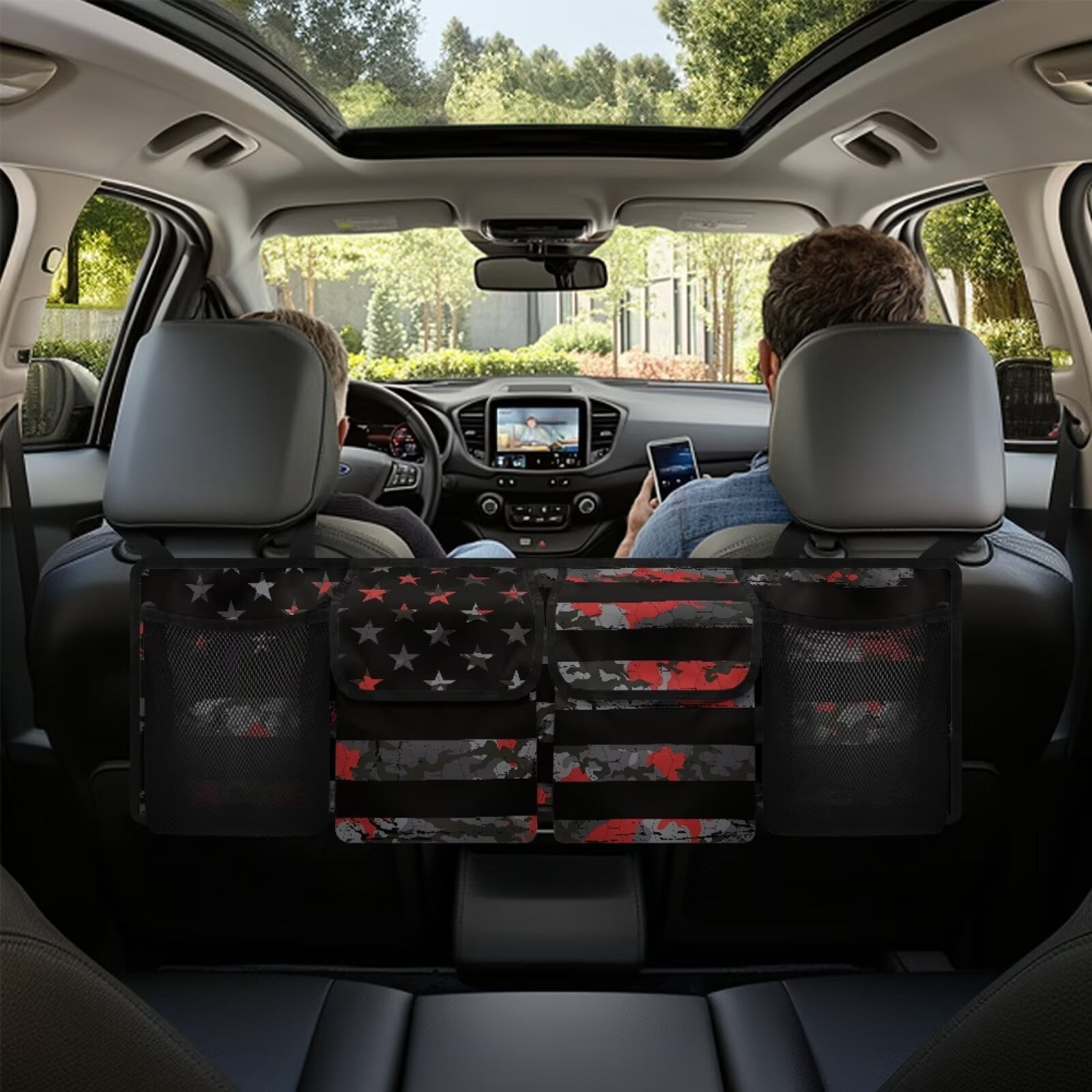 KUIFORTI Trunk Organizer Black American Flag Back Seat Car Organizer Stylish Car Organization Accessories Breathable Car Trunk Organizer for Sedan, SUV, Trucks, Van