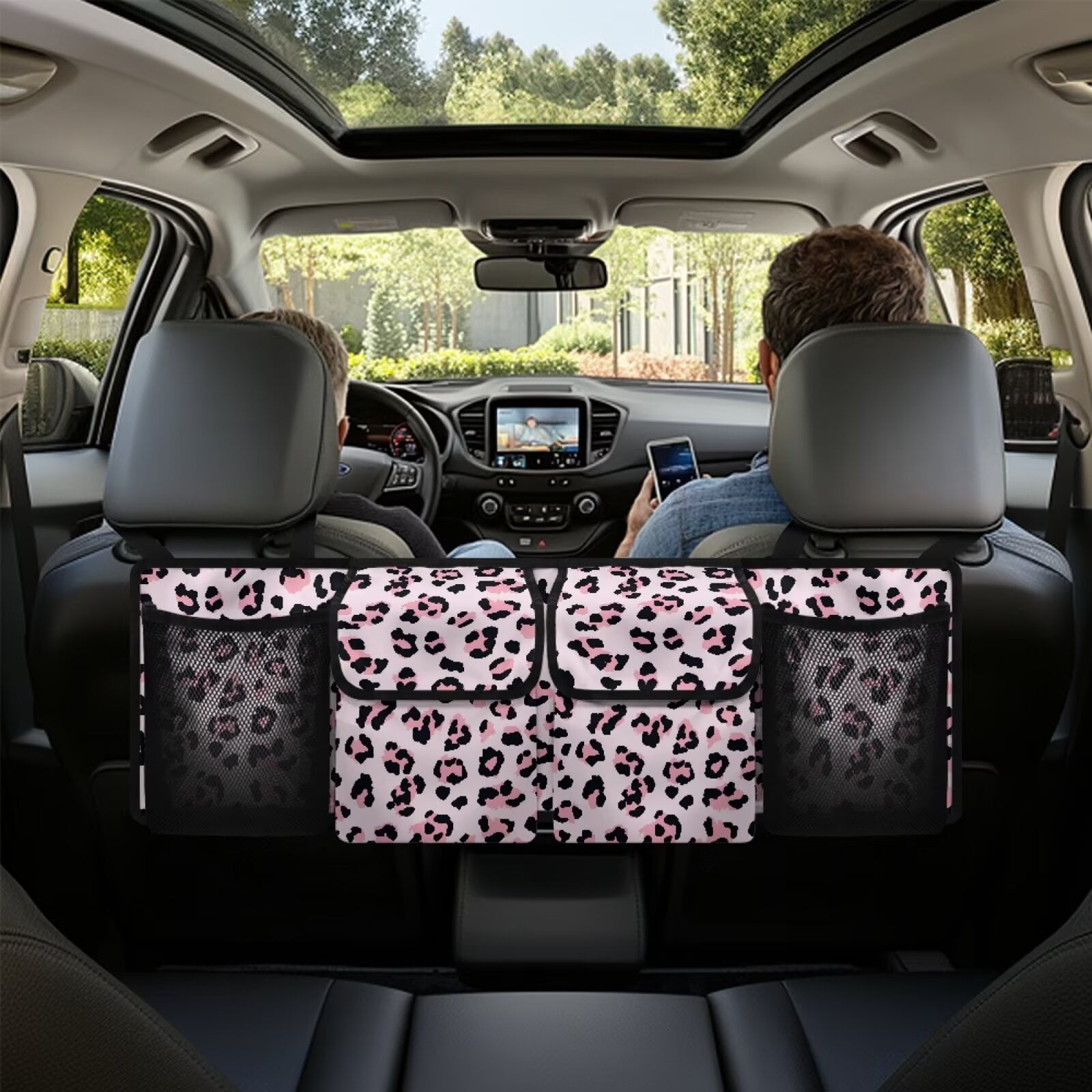 KUIFORTI Trunk Organizer for Car, SUV, Sedan, Van, Truck, Pink Leopard Print Car Organizer Novelty Automotive Accessories 37.01"*11.8" Car Basket Organizer with Adjustable Straps