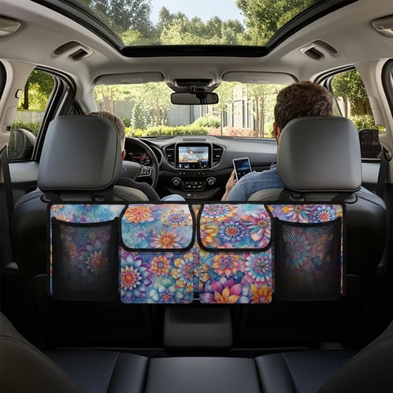 KUIFORTI Trunk Organizer for Suv, Car, Mandala Flower Car Backseat Organizers (37.01"*11.8"), Large Capacity Hanging Car Storage Organizer with Lids, Fashion Car Organizer for SUV/MPV/Truck