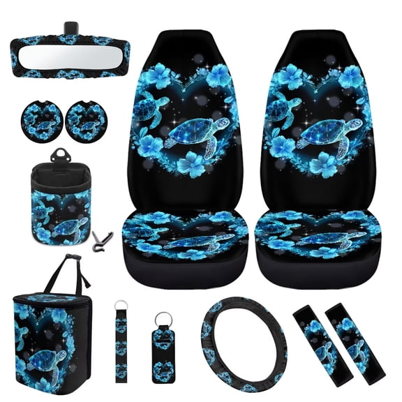 KUIFORTI Turtle Car Seat Covers & Accessories, Steering Wheel Covers Seatbelt Cushion Rearview Mirror Cover Chapstick Holder Keychain Cup Coasters Car Trash Can 12 Pcs Set