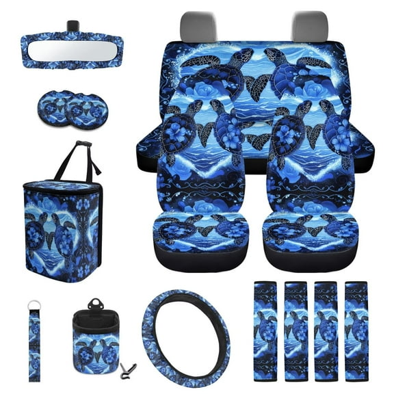 KUIFORTI Turtle Car Seat Covers Full Set of 15 PCS, Blue Steering Wheel Cover Men Car Accessories Interior Decor Universal Fit Front and Split Bench Rear for SUV, Sedan, Van, Washable