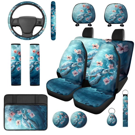 KUIFORTI Turtle Floral Car Seat Covers All-Season Protection 14 Pack Automotive Rear Front Seat Protector Arm Rest Cover Car Non Slip Breathable Universal Fit Cars SUV Trucks