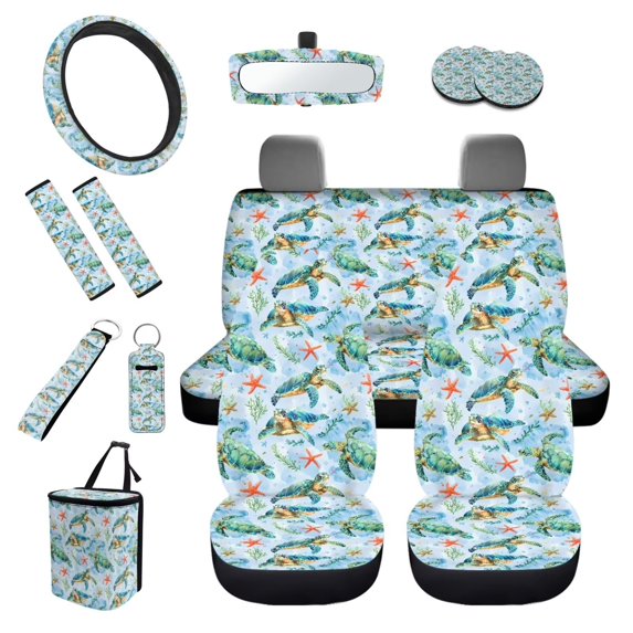 KUIFORTI Turtle Print 13 PCS Car Seat Cover Set Seat Covers Steering Wheel Cover Seat Belt Cover Pad Keychain Lipstick Protector Car Cup Coasters Car Garbage Bag Rear View Mirror Cover