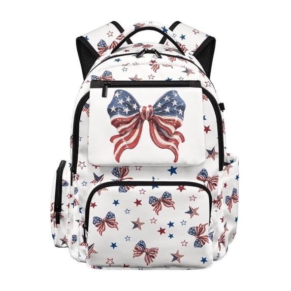 KUIFORTI US Flag Bow Boys School Bag 17 Inch Polyester Kids Backpack with Laptop Compartment Adjustable Straps for Elementary Primary Middle Back to School Gifts for Students