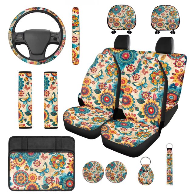 KUIFORTI Vintage Flower Auto Seat Covers Full Set 14 Pcs with Auto Center Console Pad Car Steering Wheel Cover Car Headrest Covers Auto Seat Belt Cover for Cars SUV Sedans