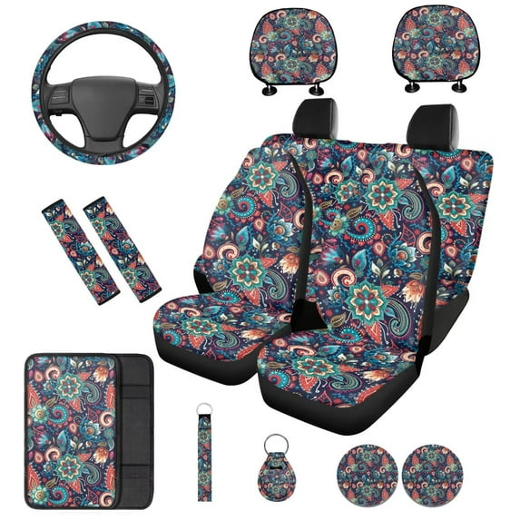 KUIFORTI Vintage Flowers 14 Pcs Seat Covers for Car Auto Center Console Armrest Pad Steering Wheel Cover Wristlet Keychain Car Interior Automotive Fits Most Cars, Sedans, SUVs