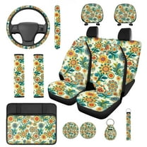KUIFORTI Vintage Flowers Car Seat Covers Set 14 Pcs with Steering Wheel Cover Auto Center Console Pad Seat Belt Pads Car Headrest Covers Stretch Polyester Fabric Cover for Cars