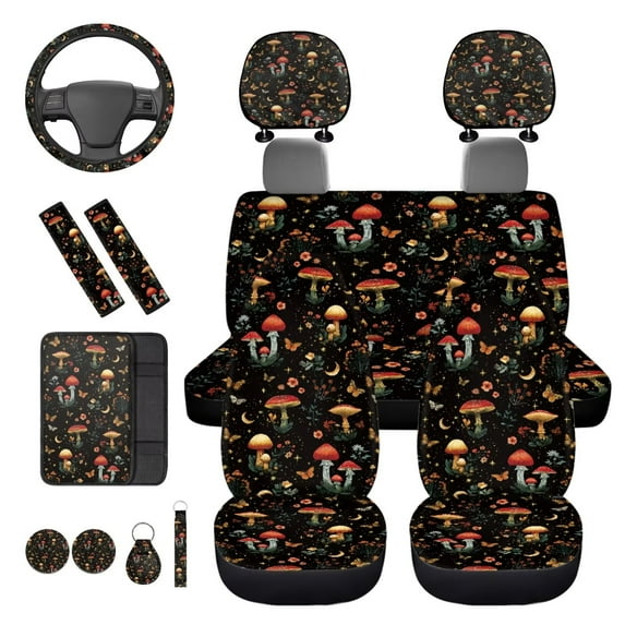 KUIFORTI Vintage Mushroom Auto Seat Covers Full Set Set 14 Pcs with Auto Center Console Armrest Pad Steering Wheel Cover Seat Belt Pads Car Headrest Protectors for Most Cars
