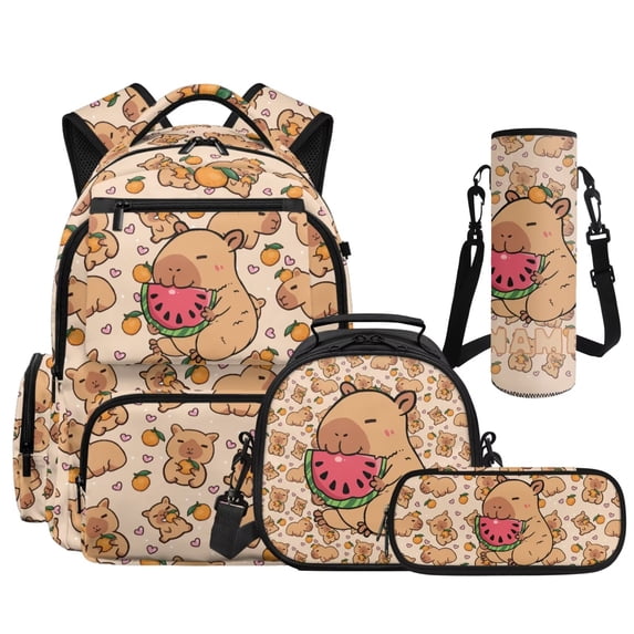 KUIFORTI Watermelon Capybara School Bag with Lunch Bag Boys Backpack Pencil Case Water Bottle Sleeve for Students Elementary School Kid Bookbag Set 4 Piece