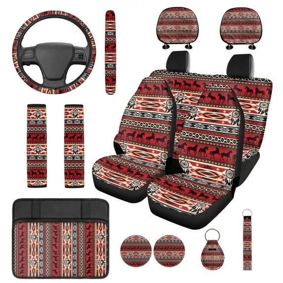 KUIFORTI Western Aztec Automobile Seat Covers 14 Pieces with Seat Belt Pads Steering Wheel Cover Auto Center Console Pad Car Headrest Covers Car Cup Coasters for Most Cars