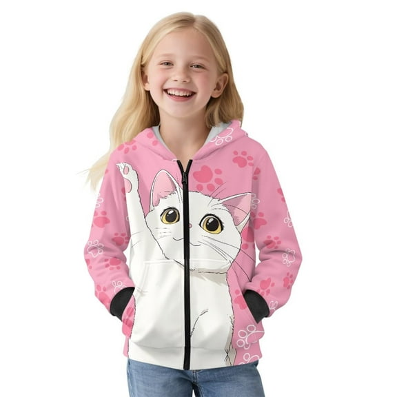 KUIFORTI White Cat Girls Crewneck Sweatshirt Skin-Friendly Long Sleeve Hoodie Sweatshirt for Girls 6-7 Fleece-Lined Comfortable Outwear with Pockets for Daily Life