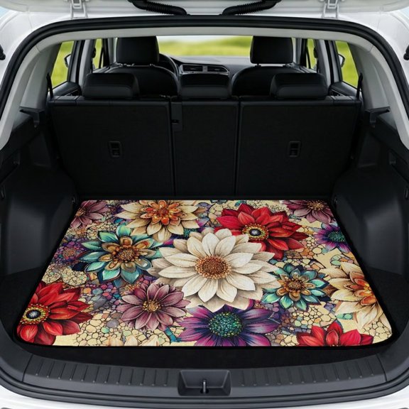KUIFORTI White Dahlia Universal Car Trunk Mat 29" x 39" Polyester Automotive Trunk Protection Mat Anti-Slip Auto Interior Accessories for Daily Driving & Travel Use