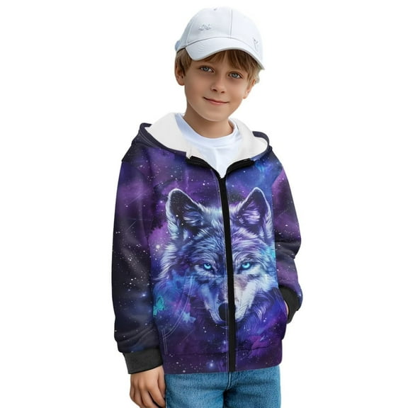KUIFORTI White Wolf Cute Hoodies for Boys 14-16 Years Fleece-Lined Thick Hooded Sweatshirt for Boys with Pockets Soft Full Zip Hooded Jacket for Spring, Fall and Winter