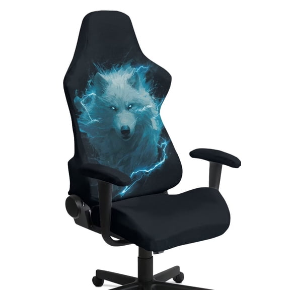 KUIFORTI White Wolf Gaming Chair Cover Stretchable Elastic Computer Chair Cover 4Piece with Armrest Covers Scratch Proof Universal Fit Slipcover for Office Computer Chair