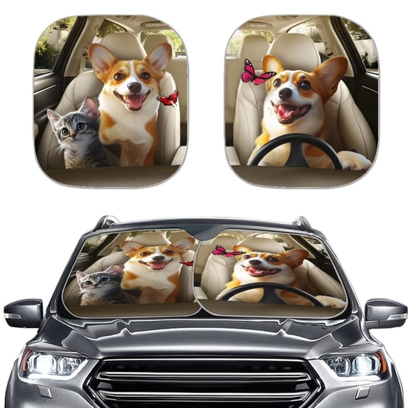 KUIFORTI Windshield Sun Shade Funny Corgi Cat Car Windshield Sunshade Blocks UV Rays Heat Protection Visor for Car Truck SUV, 2PCS