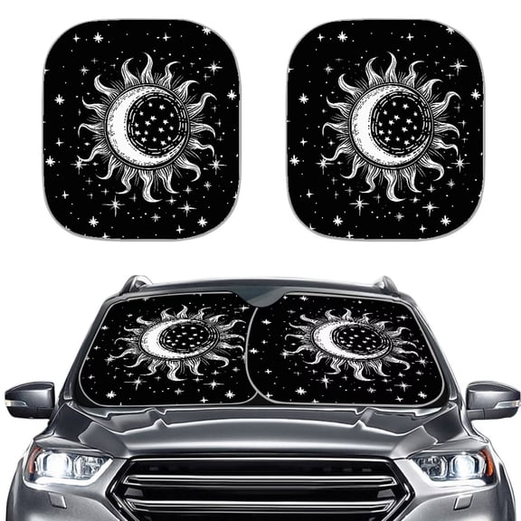 KUIFORTI Windshield Sun Shade Moon and Stars Design - 2 Pieces Foldable Car Front Window Sunshades for Most Sedans SUV Truck,Universal Fit