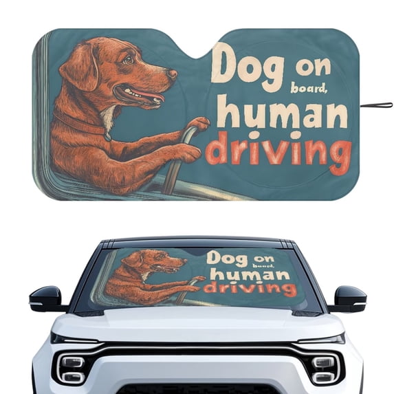 KUIFORTI Windshield Sunshade Block Heat and Sun UV Rays, Car Sun Visors for Windshield - Keeps Your Vehicle Cool, Cute Dog On Board Human Driving