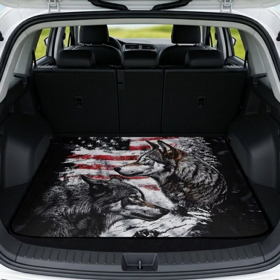 KUIFORTI Wolf American Flag Car Trunk Liner 29" x 39" Polyester Dustproof All Weather Trunk Protective Mat Anti-Scratch Vehicle Interior Decoration Accessories Universal Fit for Most Car Models