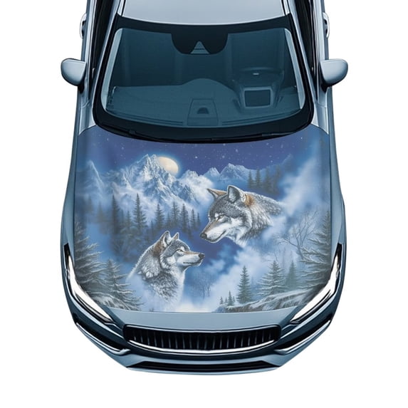KUIFORTI Wolf Mountain Print Car Hood Cover Protector, Washable Easy Install Hood Wrap for Cars, Stretchable Auto Hood Decoration Fits Most Sedans Trucks SUVs Pickups