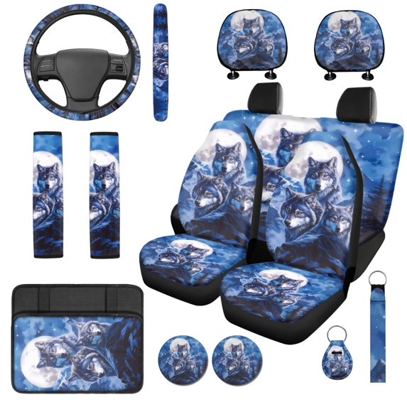KUIFORTI Wolf Print Car Seat Covers Full Set Easy to Install 14 Pieces Automotive Rear Front Seat Protector Universal Fit for Vehicles,Cars,Suvs,Vans,Sedans Wear-Resistant Washable
