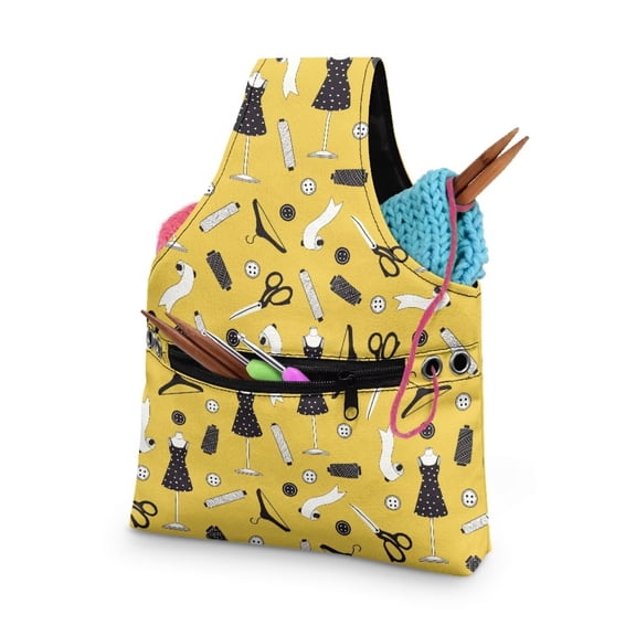 KUIFORTI Yarn Bag, Knitting Crochet Bag Sewing Gifts for Women Sewers Yarn Storage Bag for Crocheting Project, Store Skein Ball, Short Knitting Needle, Sewist Tailor Print Yellow, Size S