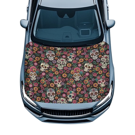 KUIFORTICar Hood Cover Protector, Weatherproof Fade-Resistant Sugar Skull Floral Design, Fits Sedans SUVs Trucks Pickups, Easy to Install Automotive Exterior Accessory