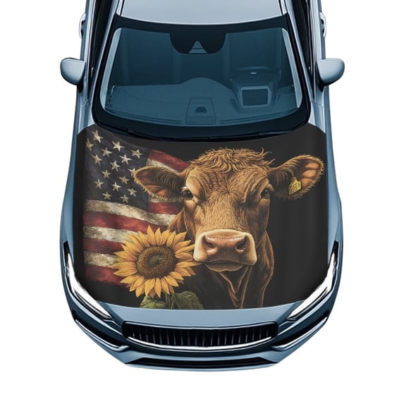 KUIFORTICow Sunflower American Flag Car Hood Cover Wrap Stretchable Car Hood Cover Protector for Sedans Trucks SUVs Durable Auto Exterior Decor Accessory