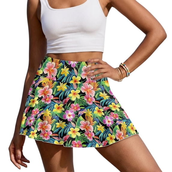 KUIFORTITropical Flowers Golf Skirts for Women Elastic Fashion High Waisted Tennis Skorts with 2 Pockets Breathable Athletic Skirts for Athletic Skorts Sports Running Pickleball