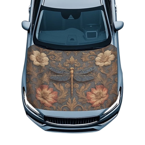 KUIFORTIVintage Dragonfly Floral Car Hood Cover Stretchable Fade-Resistant Hood Wrap Protector Easy Install Auto Accessory Fits Sedans SUVs Trucks Pickups