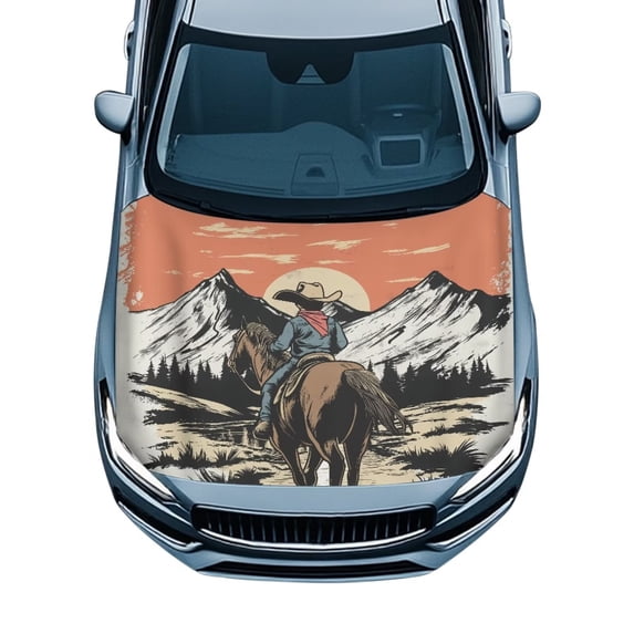 KUIFORTIWestern Cowbody Horse Car Hood Cover Protector, Stretchable Fade-Resistant Car Hood Wrap Covers with Elastic Band, Fits Most Sedans Trucks SUVs Pickups