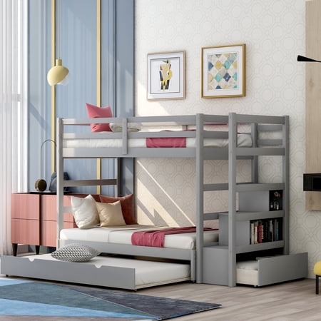 KUIKUI Twin over Twin King (Irregular King Size) Bunk Bed with Twin Size Trundle, Extendable Bunk Bed (Gray)(OLD SKU LP000032AAE)