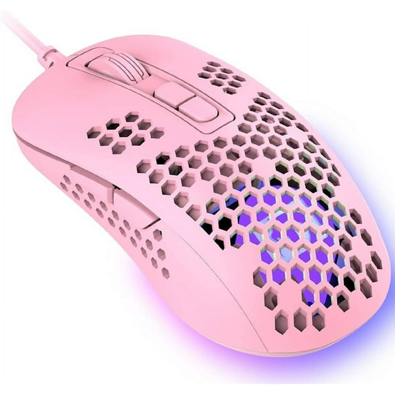 KUIYN 383 Ultralight Wired Gaming Mouse, Lightweight Honeycomb Shell, 4 RGB Breathing Backlit Mice, 4 Adjustable DPI, USB Optical Mice, Kids and Teen Girl Birthday Gifts, for Mac/Air/HP/Acer (Pink)