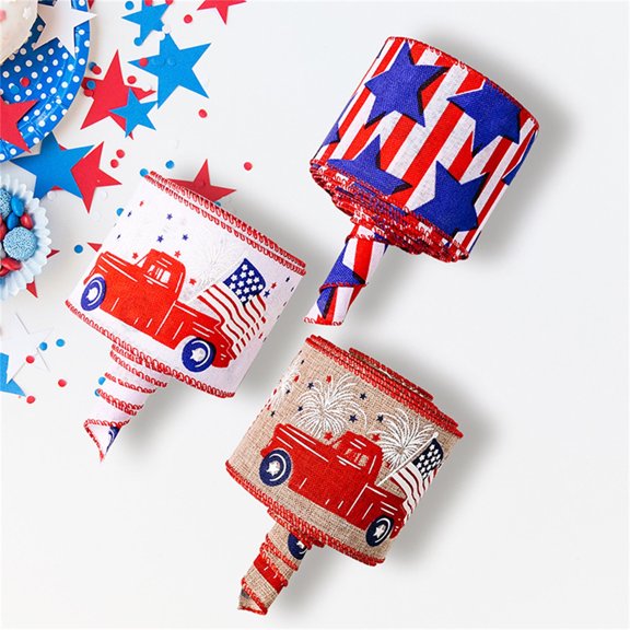 KUKIDSVO 1 Roll Patriotic Wired Ribbon, USA Flag Ribbon, Independence Day Craft, For Gift Wrapping Party Decor(White)