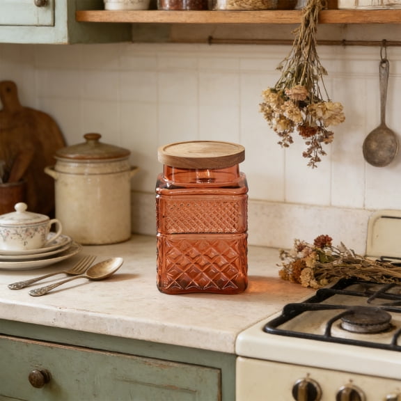 KUKIDSVO 4.92x4.53x7.87in Sealed Jar, Relief Glass Storage Canister, Kitchen Container for Dry Goods Snacks(Brown)