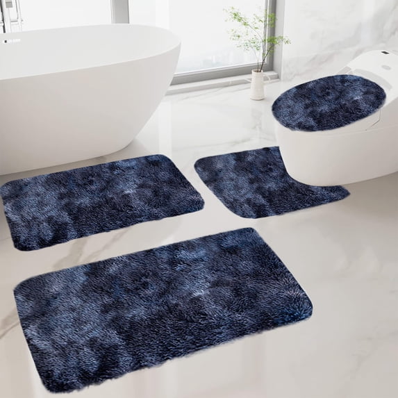 KUKIDSVO 4 Piece Soft Bath Mat Set Non Slip Absorbent Rug for Bathroom Shower Toilet Flooring(Dark Blue)